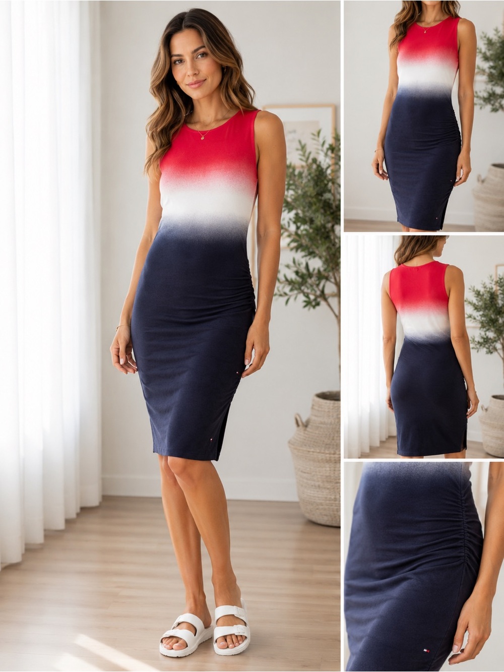 NWT Tommy Hilfiger Dip-Dyed Stretch July 4th Ruched Side Bodycon Midi Dress